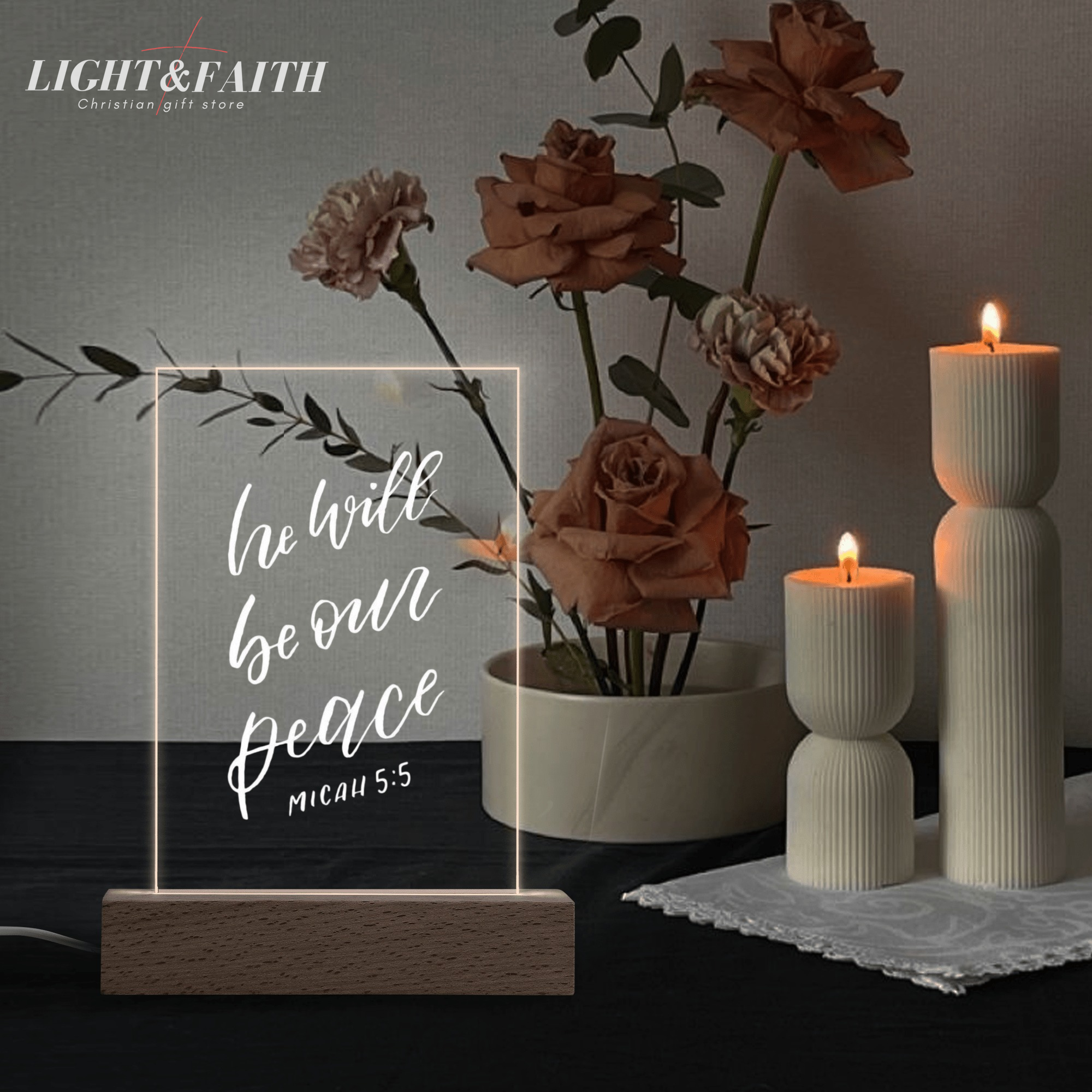 He Will Be Our Peace - Micah 5:5 LED Light, Christian Bible Verse Lamp, Inspirational Acrylic Night Light, Religious Home Decor, Faith Gift for Believers. NLLAF47